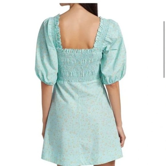 Ganni Smocked Corydalis Blue Printed Cotton Poplin Mini Dress - Picture 2 of 6